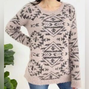 BB Dakota Patterned Knit Sweater in Tan/Pink/Black.